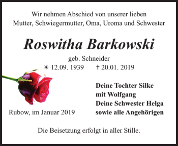 Traueranzeige von Roswitha Barkowski von Zeitung für die Landeshauptstadt