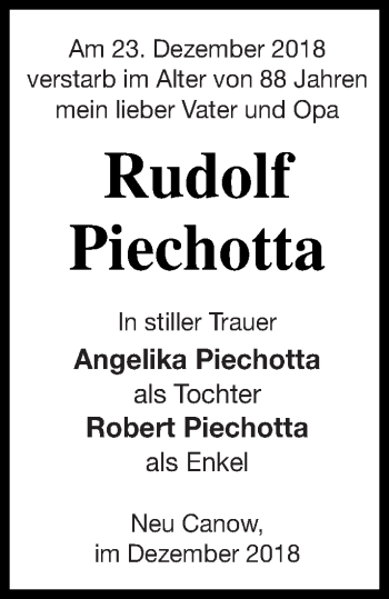 Traueranzeige von Rudolf Piechotta von Strelitzer Zeitung