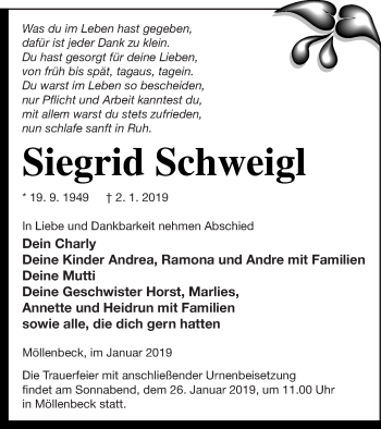 Traueranzeige von Siegrid Schweigl von Strelitzer Zeitung