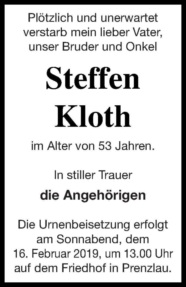  Traueranzeige für Steffen Kloth vom 25.01.2019 aus Prenzlauer Zeitung