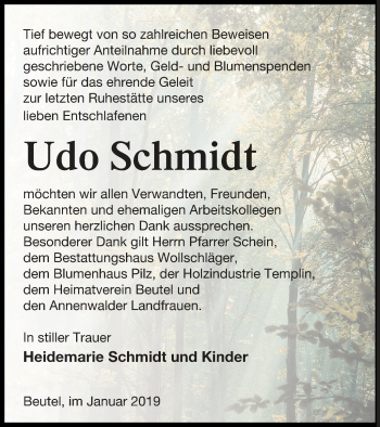 Traueranzeige von Udo Schmidt von Templiner Zeitung