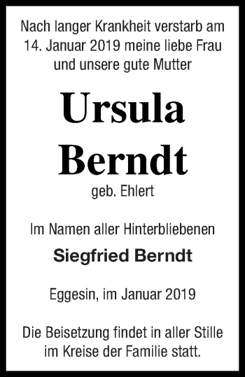 Traueranzeige von Ursula Berndt von Haff-Zeitung