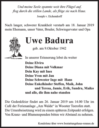 Traueranzeige von Uwe Badura von Zeitung für Lübz - Goldberg - Plau