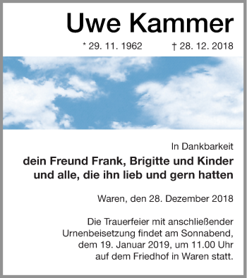 Traueranzeige von Uwe Kammer von Müritz-Zeitung