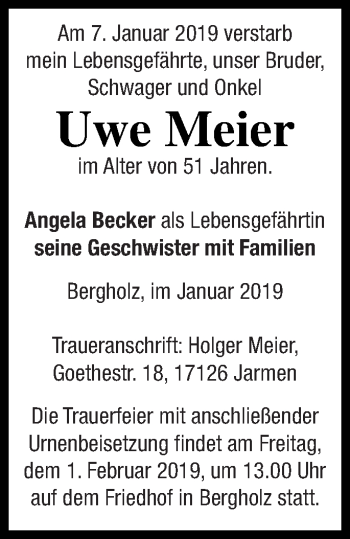 Traueranzeige von Uwe Meier von Pasewalker Zeitung