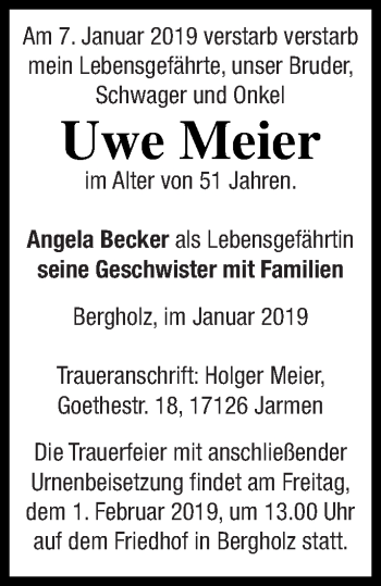 Traueranzeige von Uwe Meier von Pasewalker Zeitung