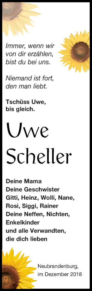 Traueranzeige von Uwe Scheller von Neubrandenburger Zeitung