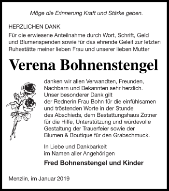 Traueranzeige von Verena Bohnenstengel von Vorpommern Kurier