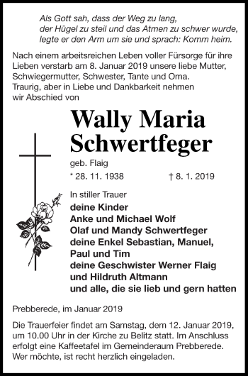 Traueranzeige von Wally Maria Schwertfeger von Mecklenburger Schweiz