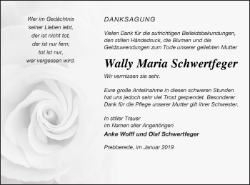 Traueranzeige von Wally Maria Schwertfeger von Mecklenburger Schweiz