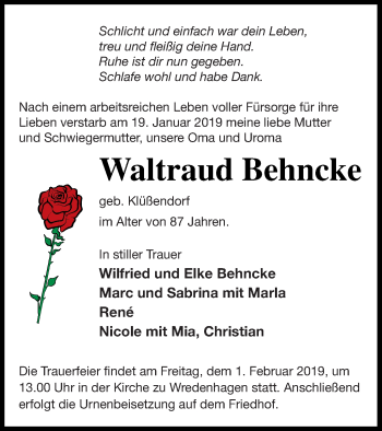 Traueranzeige von Waltraud Behncke von Müritz-Zeitung