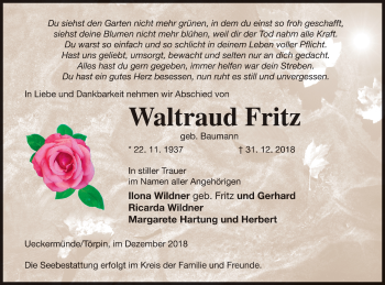 Traueranzeige von Waltraud Fritz von Demminer Zeitung