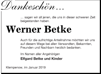 Traueranzeige von Werner Betke von Neubrandenburger Zeitung