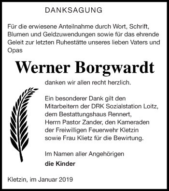 Traueranzeige von Werner Borgwardt von Demminer Zeitung