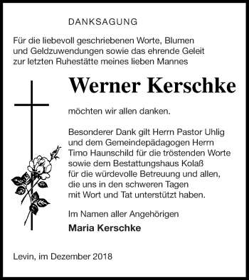 Traueranzeige von Werner Kerschke von Mecklenburger Schweiz