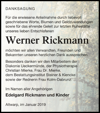 Traueranzeige von Werner Rickmann von Haff-Zeitung