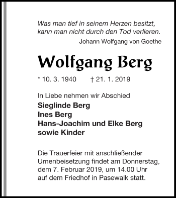 Traueranzeige von Wolfgang Berg von Pasewalker Zeitung