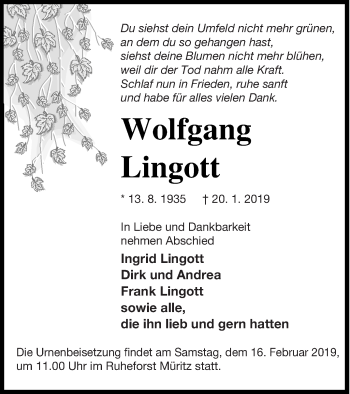 Traueranzeige von Wolfgang Lingott von Strelitzer Zeitung