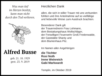 Traueranzeige von Alfred Busse von Templiner Zeitung