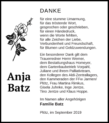 Traueranzeige von Anja Batz von Vorpommern Kurier