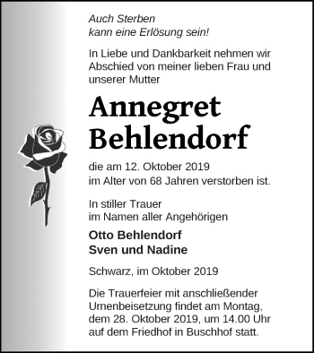 Traueranzeige von Annegret Behlendorf von Strelitzer Zeitung