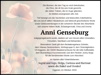 Traueranzeige von Anni Genseburg von Haff-Zeitung
