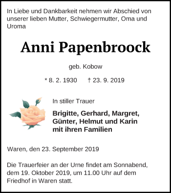 Traueranzeige von Anni Papenbroock von Müritz-Zeitung
