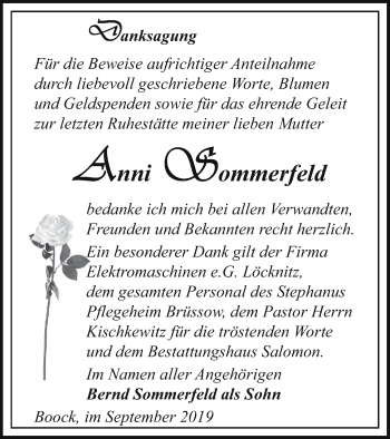 Traueranzeige von Anni Sommerfeld von Pasewalker Zeitung