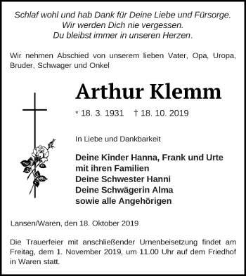 Traueranzeige von Arthur Klemm von Müritz-Zeitung