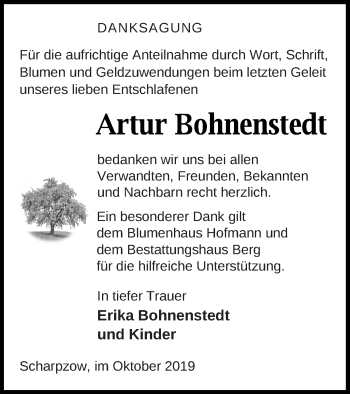 Traueranzeige von Artur Bohnenstedt von Mecklenburger Schweiz