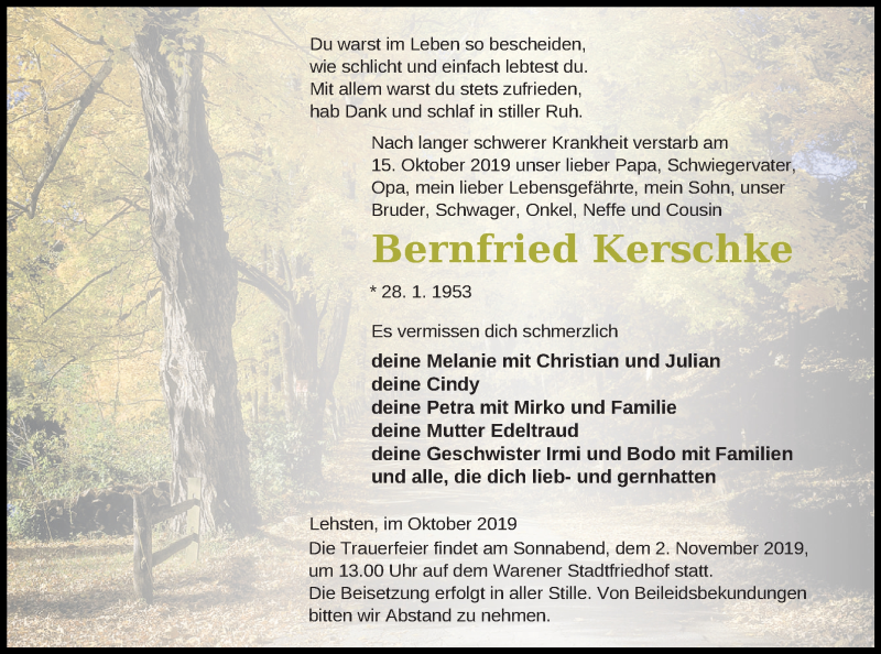 Traueranzeige für Bernfried Kerschke vom 25.10.2019 aus Müritz-Zeitung