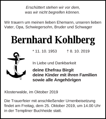 Traueranzeige von Bernhard Kohlberg von Templiner Zeitung