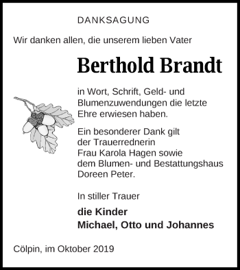 Traueranzeige von Berthold Brandt von Neubrandenburger Zeitung