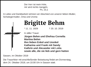 Traueranzeige von Brigitte Behm von Vorpommern Kurier