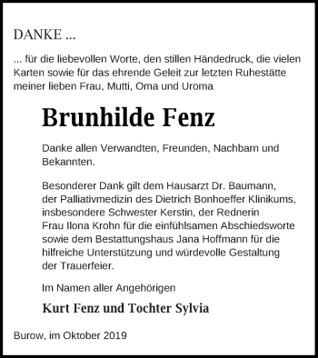 Traueranzeige von Brunhilde Fenz von Neubrandenburger Zeitung