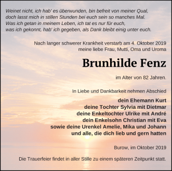 Traueranzeige von Brunhilde Fenz von Neubrandenburger Zeitung