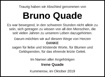 Traueranzeige von Bruno Quade von Mecklenburger Schweiz