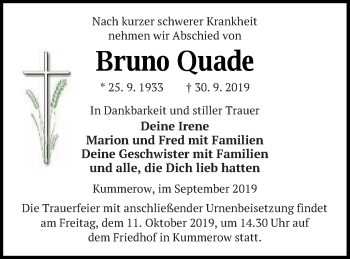 Traueranzeige von Bruno Quade von Mecklenburger Schweiz