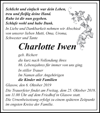 Traueranzeige von Charlotte Iwen von Pasewalker Zeitung