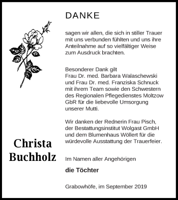 Traueranzeige von Christa Buchholz von Müritz-Zeitung