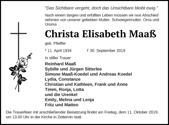 Traueranzeige von Christa Elisabeth Maaß von Mecklenburger Schweiz