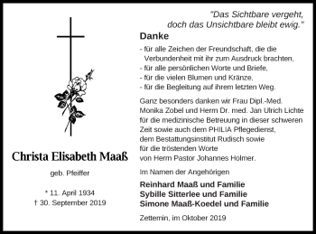 Traueranzeige von Christa Elisabeth Maaß von Mecklenburger Schweiz