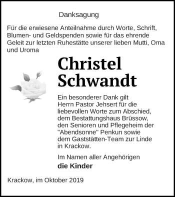 Traueranzeige von Christel Schwandt von Pasewalker Zeitung