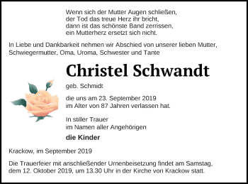 Traueranzeige von Christel Schwandt von Pasewalker Zeitung