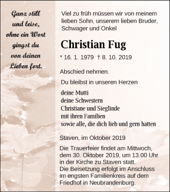 Traueranzeige von Christian Fug von Neubrandenburger Zeitung