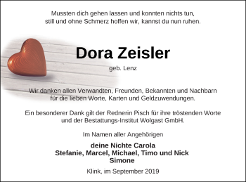 Traueranzeige von Dora Zeisler von Müritz-Zeitung