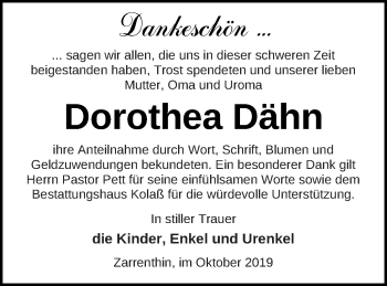 Traueranzeige von Dorothea Dähn von Vorpommern Kurier