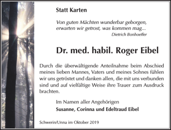 Traueranzeige von Dr. med. habil. Roger Eibel von Zeitung für die Landeshauptstadt