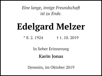 Traueranzeige von Edelgard Melzer von Demminer Zeitung