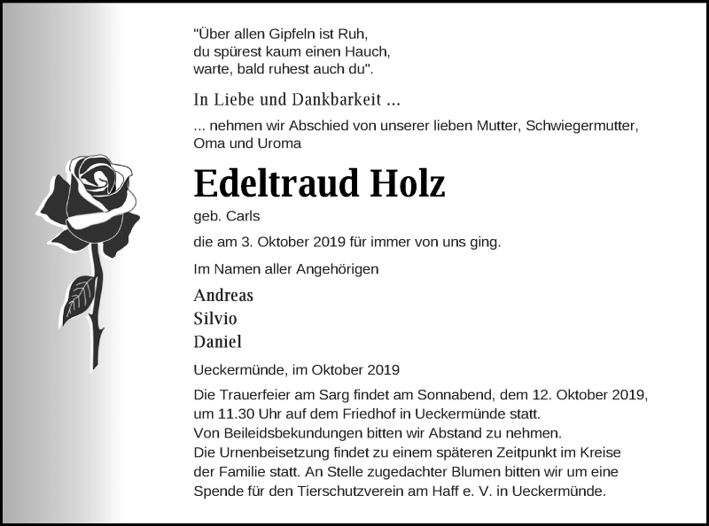  Traueranzeige für Edeltraud Holz vom 09.10.2019 aus Haff-Zeitung